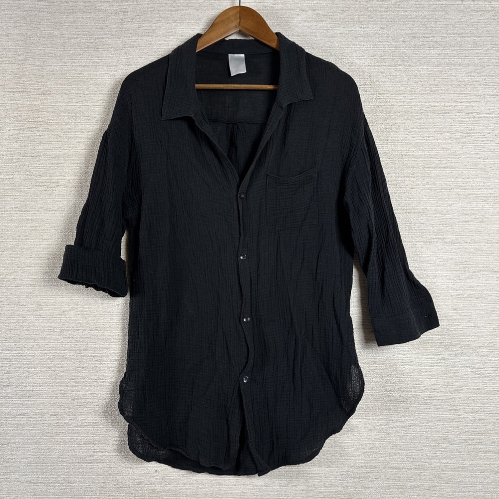 Kona Sol Black Gauze Button Up Shirt Womens S Cotton Beach Coverup Casual Resort